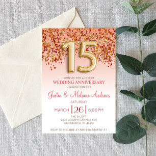 Burgundy Gold 15th Wedding Jubileum Invitation Kaart