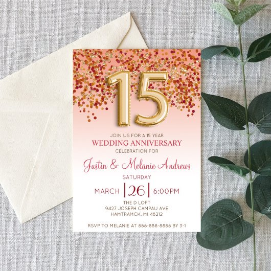 Burgundy Gold 15th Wedding Jubileum Invitation Kaart