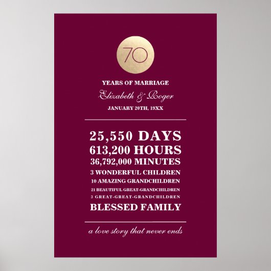 Burgundy Gold 70th Wedding Jubileum Prints (Voorkant)