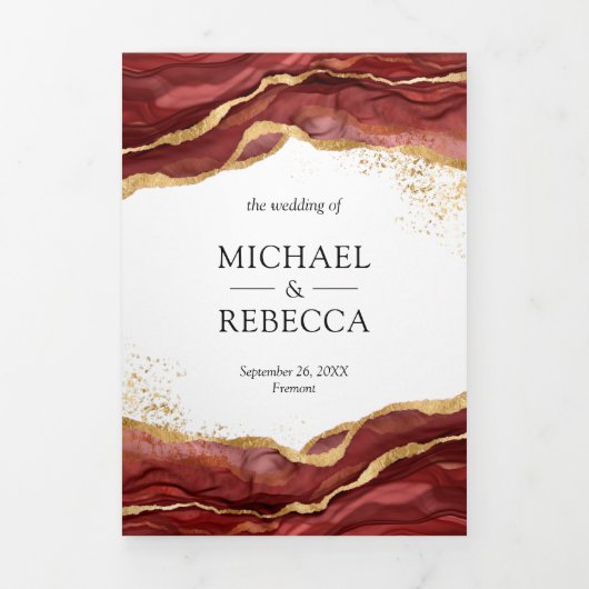 Burgundy Gold Abstract Ink QR Code Weddenschap Drieluik Uitnodiging (Cover)