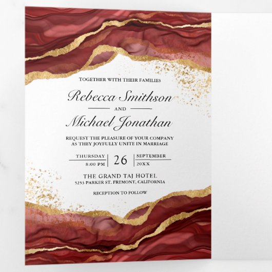 Burgundy Gold Abstract Ink QR Code Weddenschap Drieluik Uitnodiging (Binnenzijde eerst)