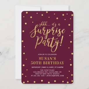 Burgundy & Gold Adult 50e Surprise Birthday Party Kaart