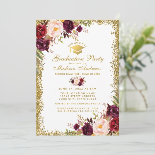 Burgundy Gold Afstudeerder Party - Uitnodiging - F (Staand voorkant)