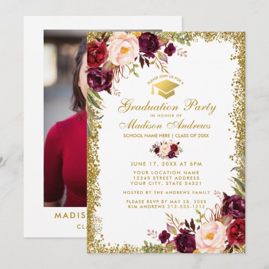 Burgundy Gold Afstudeerder Party - Uitnodiging - F (Voorkant / Achterkant)