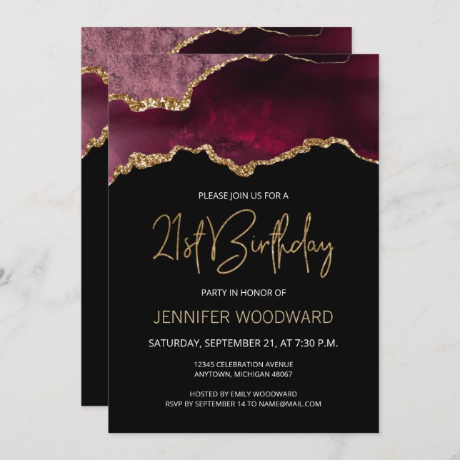 Burgundy Gold Agate 21st Birthday Party Invitation (Voorkant / Achterkant)