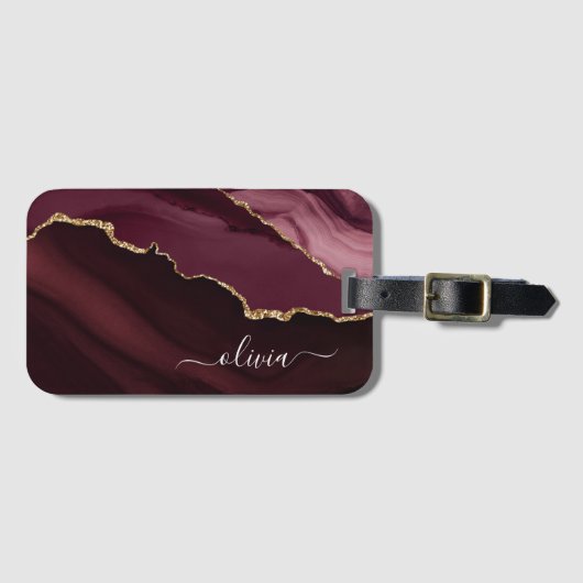 Burgundy Gold Agate Geode Gold Monogram Bagagelabel (Voorkant (horizontaal))