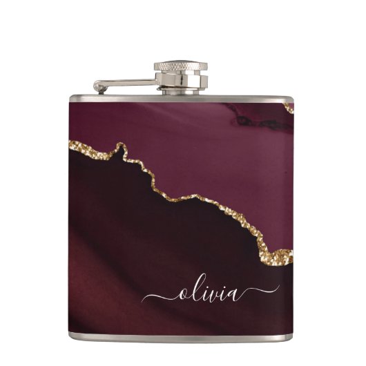 Burgundy Gold Agate Geode Gold Monogram Heupfles (Voorkant)