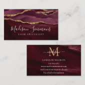Burgundy Gold Agate Geode Monogram Girly Script Visitekaartje (Voorkant / Achterkant)