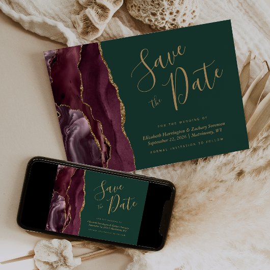 Burgundy Gold Agate Green Save the Date Card Kaart