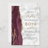Burgundy Gold Agate Marble 80th Birthday Party Kaart (Voorkant)