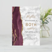 Burgundy Gold Agate Marble 80th Birthday Party Kaart (Staand voorkant)