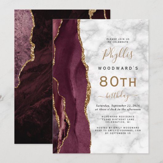 Burgundy Gold Agate Marble 80th Birthday Party Kaart (Voorkant / Achterkant)
