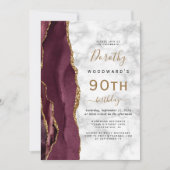 Burgundy Gold Agate Marble 90th Birthday Party Kaart (Voorkant)