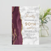 Burgundy Gold Agate Marble 90th Birthday Party Kaart (Staand voorkant)