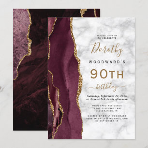 Burgundy Gold Agate Marble 90th Birthday Party Kaart