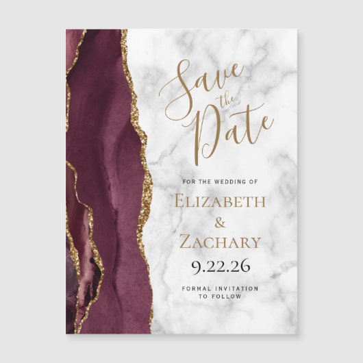 Burgundy Gold Agate Marble Magnetic Save the Date (Voorkant)