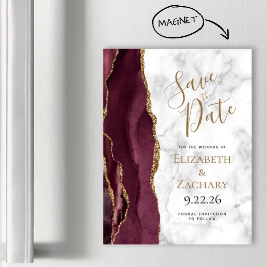 Burgundy Gold Agate Marble Magnetic Save the Date