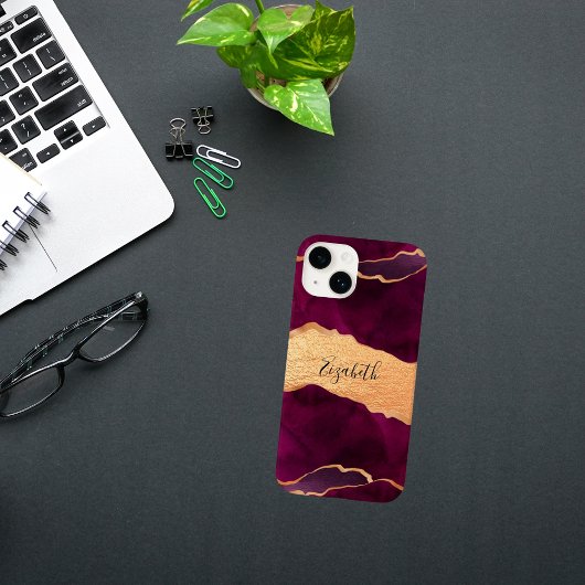 Burgundy gold agate marble roos gold name Case-Mate iPhone case