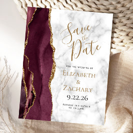 Burgundy Gold Agate Marble Save the Date Aankondigingskaart