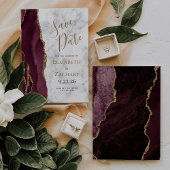 Burgundy Gold Agate Marble Save the Date Kaart