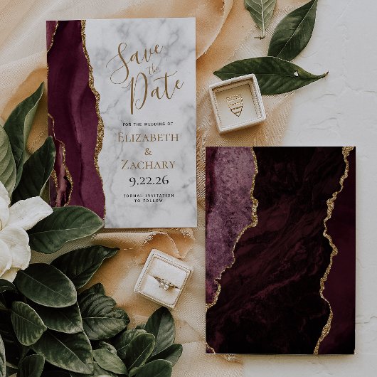 Burgundy Gold Agate Marble Save the Date Kaart