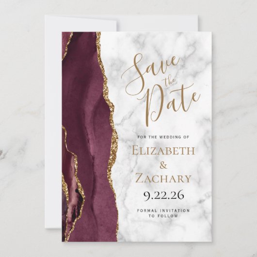 Burgundy Gold Agate Marble Save the Date Kaart (Voorkant)
