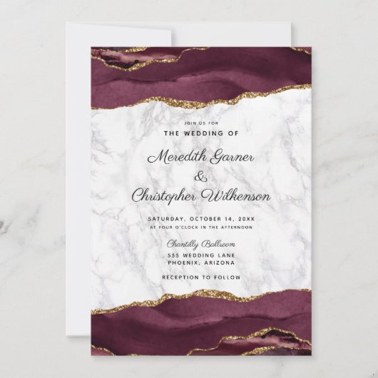 Burgundy Gold Agate Marble Wedding Kaart (Voorkant)
