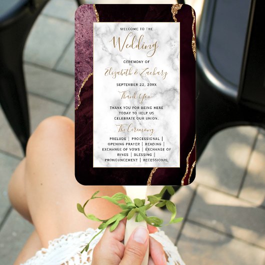 Burgundy Gold Agate Marble Wedding Programme Handwaaier