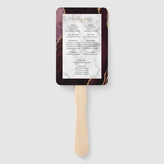Burgundy Gold Agate Marble Wedding Programme Handwaaier (Achterkant)