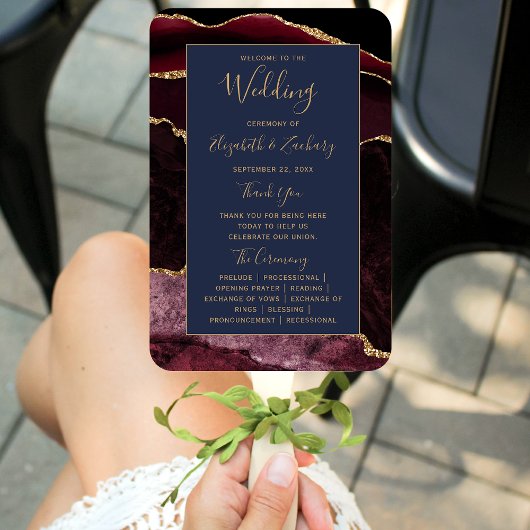 Burgundy Gold Agate Navy Blue Wedding Program Handwaaier