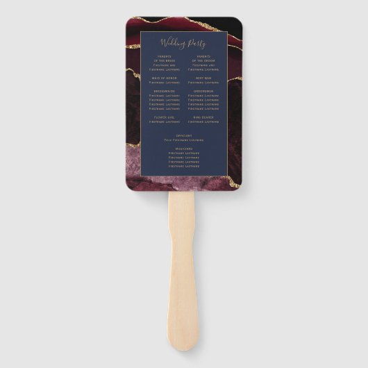 Burgundy Gold Agate Navy Blue Wedding Program Handwaaier (Achterkant)