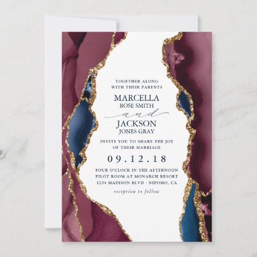 Burgundy & Gold Agate Wedding Invitation Kaart (Voorkant)