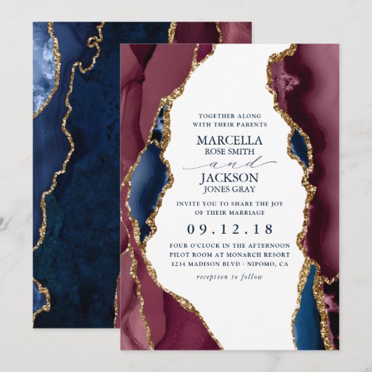 Burgundy & Gold Agate Wedding Invitation Kaart (Voorkant / Achterkant)