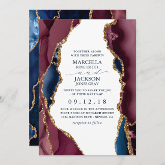 Burgundy & Gold Agate Wedding Invitation Kaart