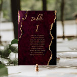 Burgundy Gold Agate Wedding Kaart<br><div class="desc">Deze stijlvolle,  moderne trouwkaart heeft een bordeauxrode waterverf agaatachtergrond met faux gold glitter. Het woord "tafel" verschijnt in goudkleurig handschrift. Voeg de namen van uw gasten toe die aan elke tafel zijn toegewezen.</div>