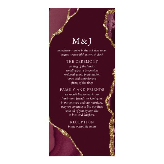 Burgundy & Gold Agate Wedding Program Reclamekaart (Voorkant)