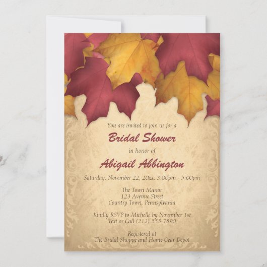 Burgundy Gold Autumn Bridal Shower-uitnodigingen Kaart (Voorkant)