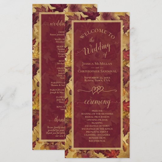Burgundy & Gold Autumn Leaves Elegant Wedding Programmakaart (Voorkant / Achterkant)