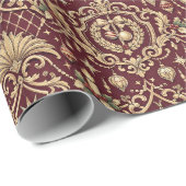 Burgundy Gold Baroque Christmas Ornament Pattern Cadeaupapier (Rol Hoek)