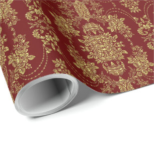 Burgundy & Gold  Baroque Floral Dammaskers Cadeaupapier