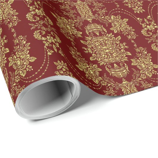 Burgundy & Gold  Baroque Floral Dammaskers Cadeaupapier (Rol Hoek)