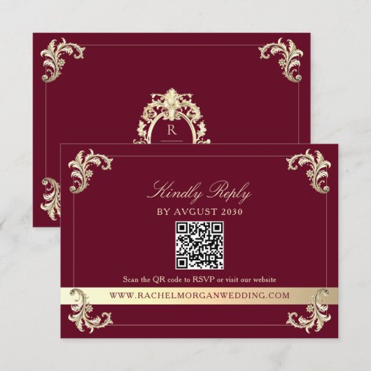 Burgundy Gold Baroque QR Code Wedding RSVP Kaartje (Voorkant / Achterkant)