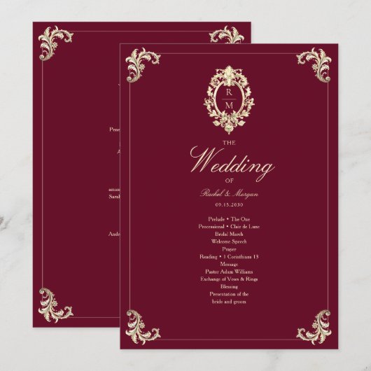 Burgundy Gold Baroque Wedding Ceremony Program (Voorkant / Achterkant)