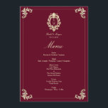 Burgundy Gold Baroque Wedding Reception Menu<br><div class="desc">Create a refined dining experience for your guests with this elegant burgundy and gold baroque wedding menu. Designed with a rich burgundy background and ornate vintage gold baroque flourishes, this menu adds a timeless and luxurious touch to your wedding reception table décor. The design features a classic baroque monogram crest...</div>
