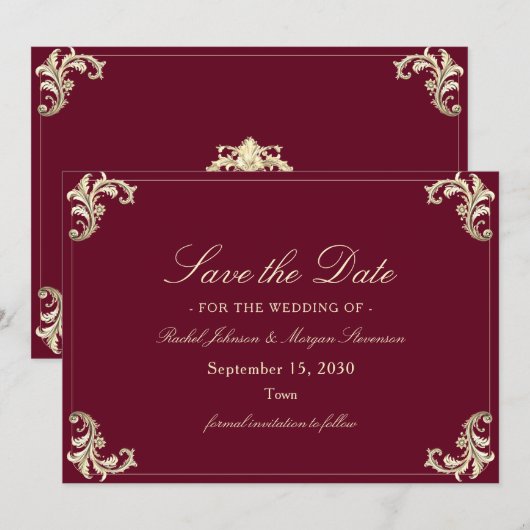 Burgundy Gold Baroque Wedding Save The Date (Voorkant / Achterkant)