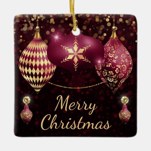 Burgundy & Gold Baubles Merry Kerstmis Keramisch Ornament (Voorkant)