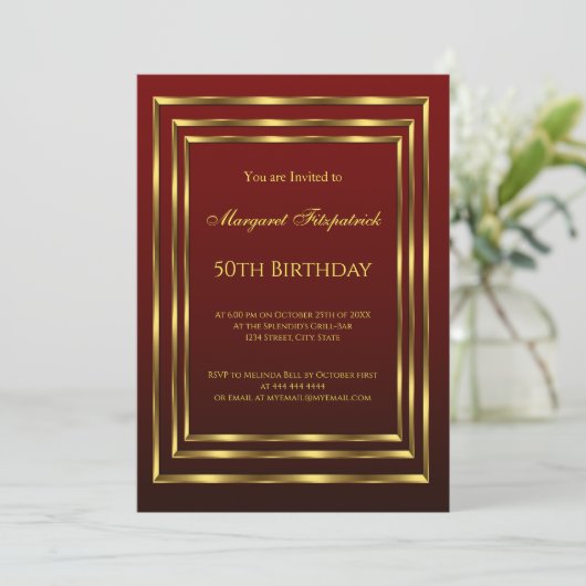 Burgundy Gold Beauful Birthday Party Kaart (Staand voorkant)