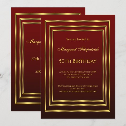 Burgundy Gold Beauful Birthday Party Kaart (Voorkant / Achterkant)