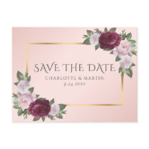 Burgundy Gold Blush Pink Floral Save the Date