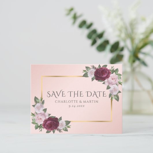 Burgundy Gold Blush Pink Floral Save the Date Aankondigingskaart (Staand voorkant)